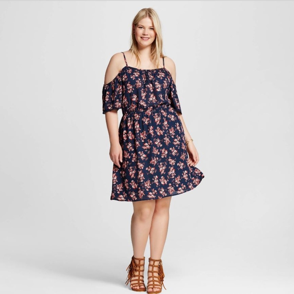 Cold Shoulder Blue & Pink Floral Print Dress - 1X